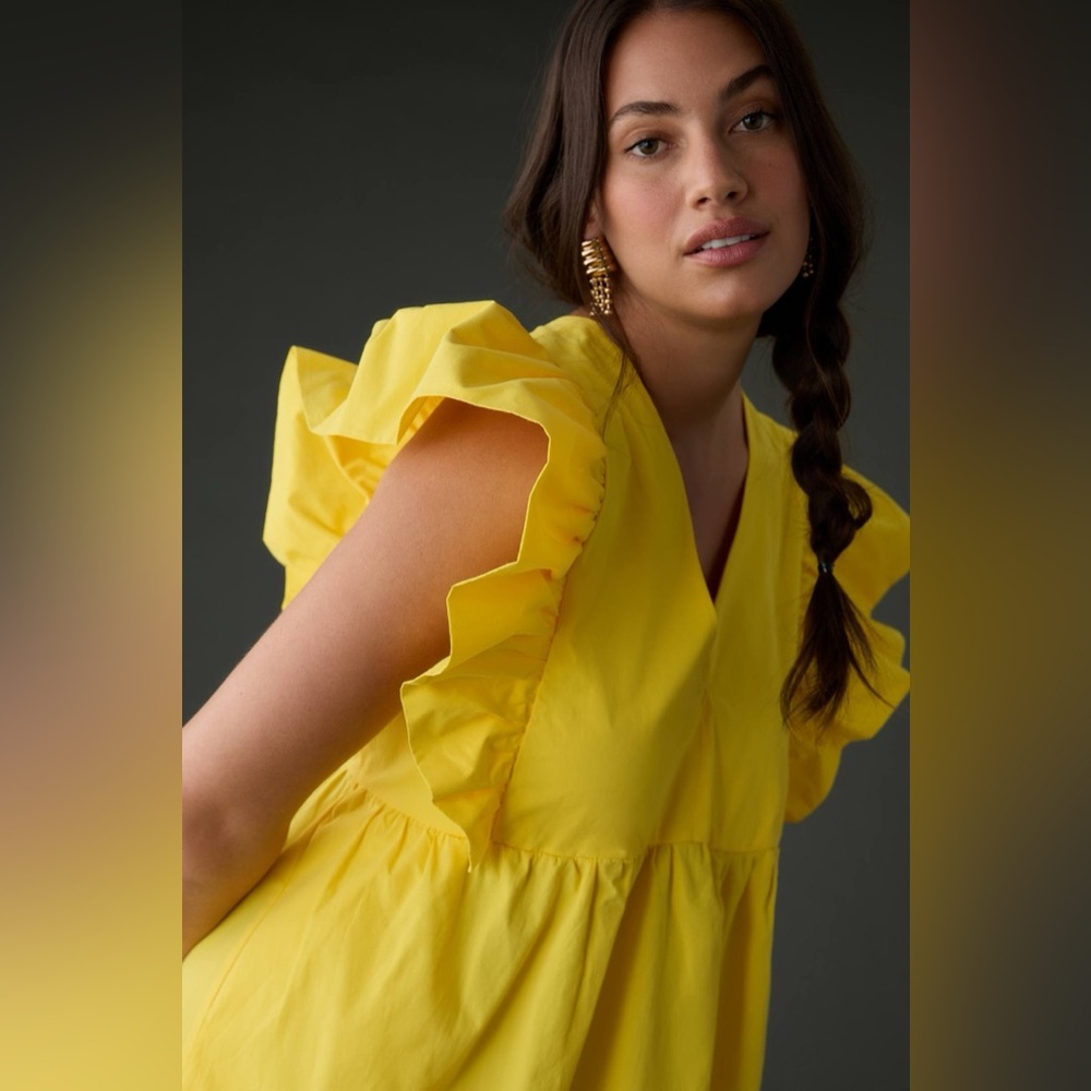 MAEVE ANTHROPOLOGIE Flutter-Sleeve Babydoll Midi Dress Yellow V Neck Casual Sz S - Picture 3 of 10